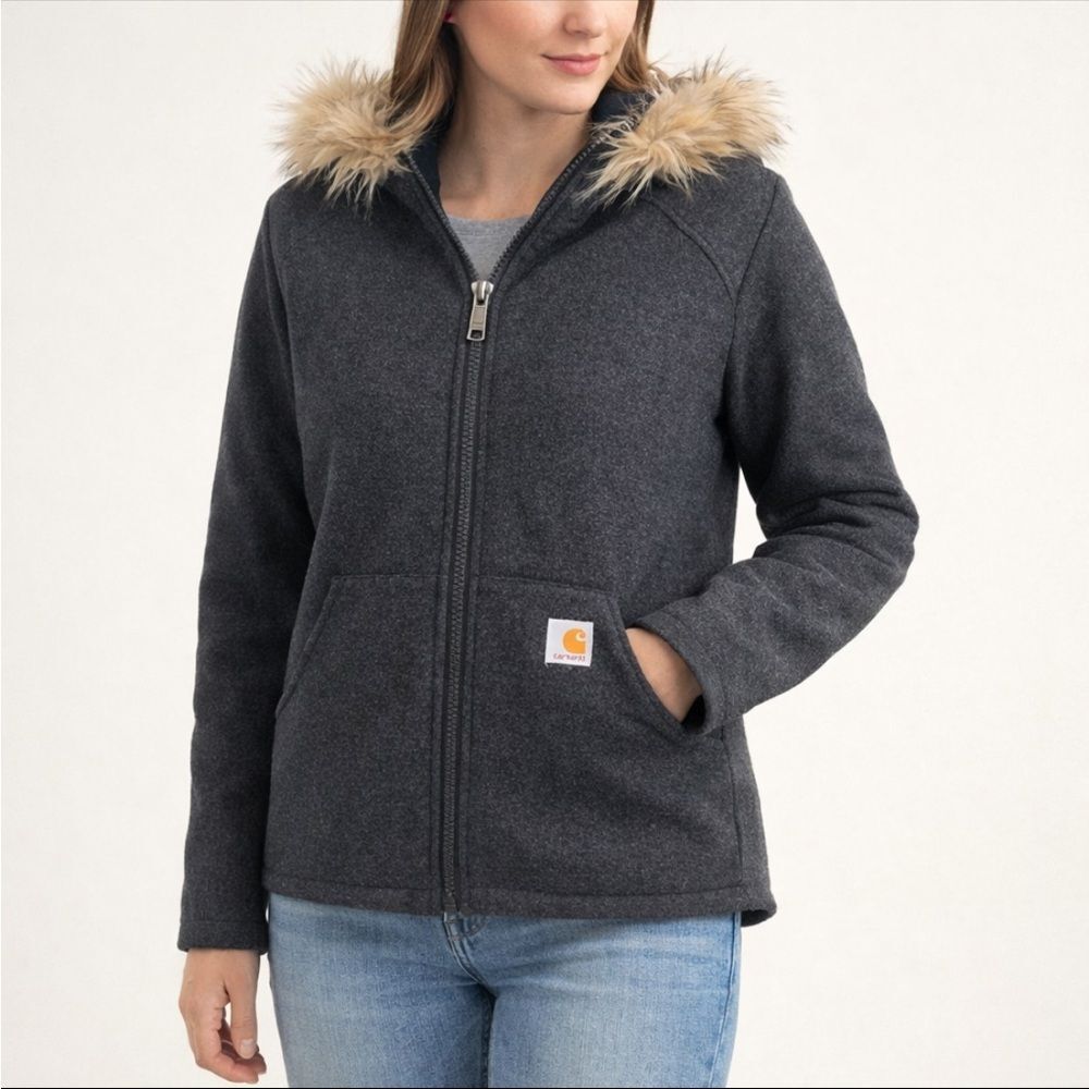 Carhartt Women’s Wool Blend Hooded Jacket Faux Fur Trim Gray Medium Insulated